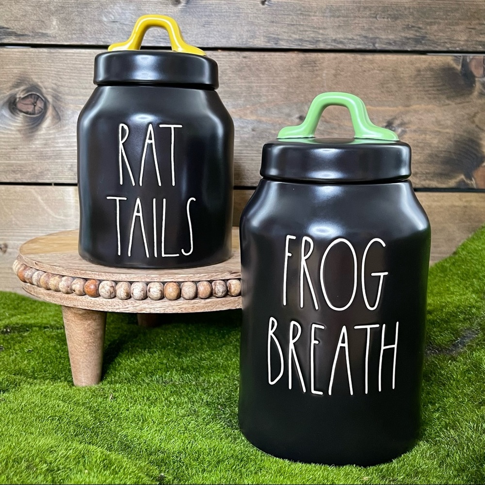 Rae Dunn Black Halloween Jars Canisters Frog Breath & Rat Tails Set Witc…